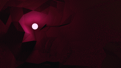 Dark crimson low-poly 3D cavern, faceted walls closing in around a single glowing pale pink orb