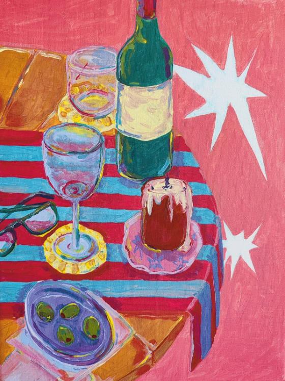 Acrylic still life of a green wine bottle, glasses and a dripping candle on a red-and-turquoise striped cloth
