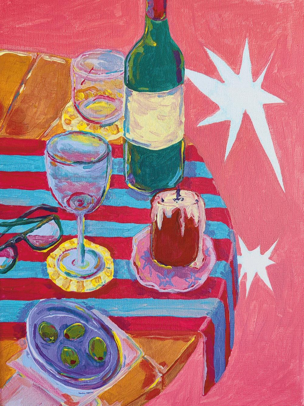 Acrylic still life of a green wine bottle, glasses and a dripping candle on a red-and-turquoise striped cloth