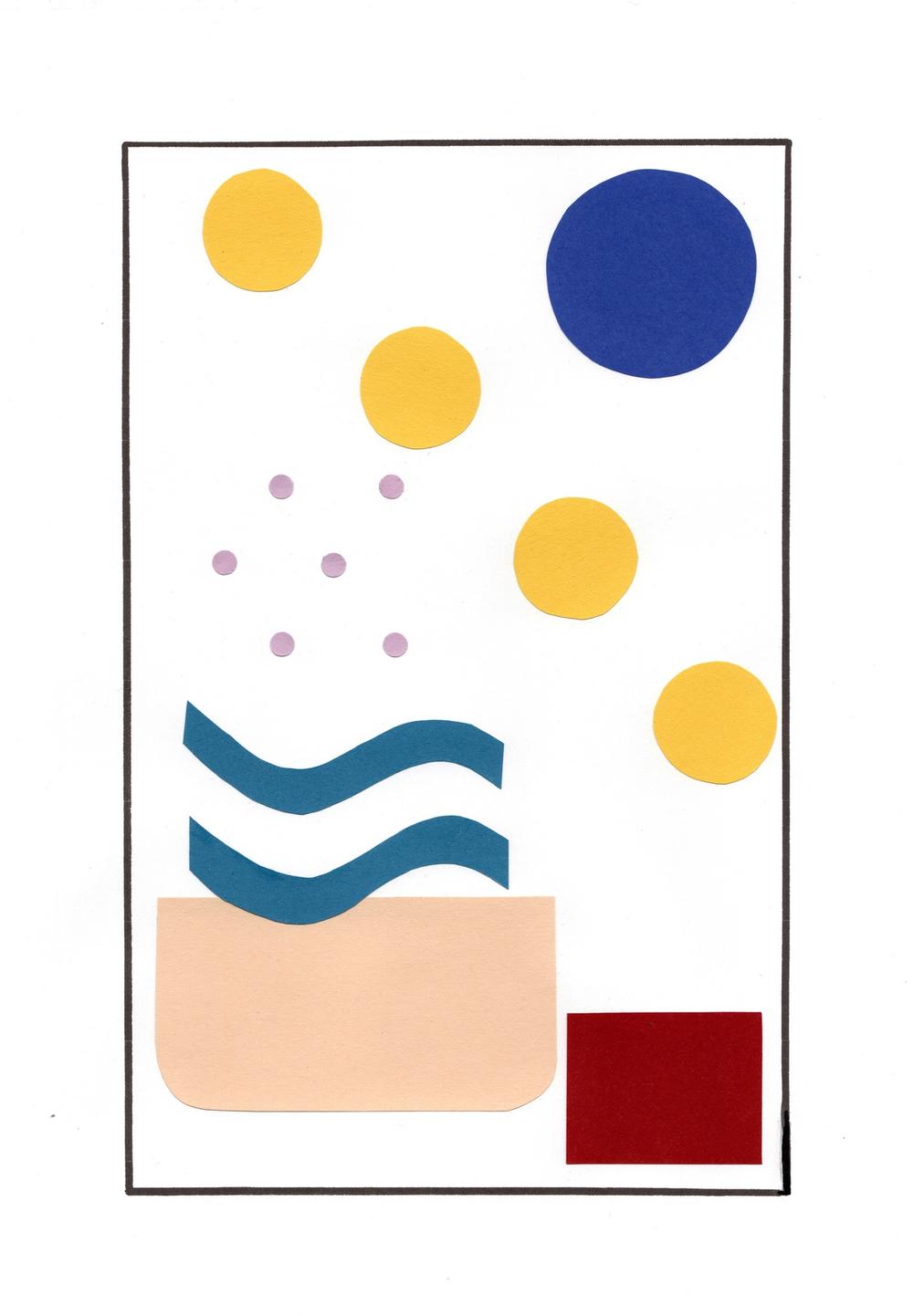 Cut-paper collage: teal waves spilling into a peach tub, yellow and blue paper discs floating above