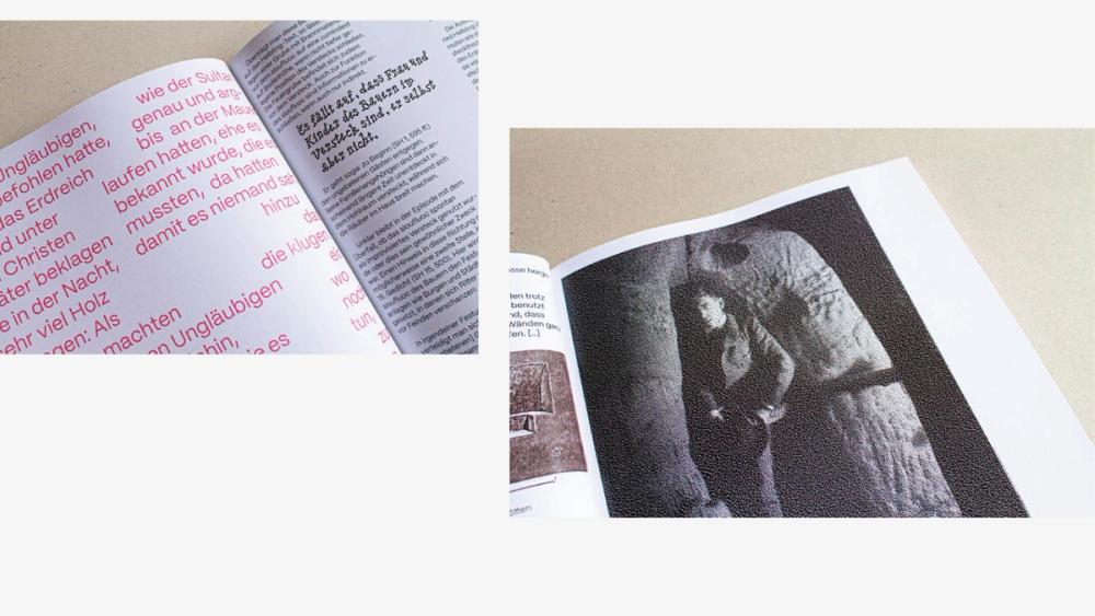 Open spread of magenta body copy beside a page carrying a grainy black-and-white photo of a figure in a rock tunnel