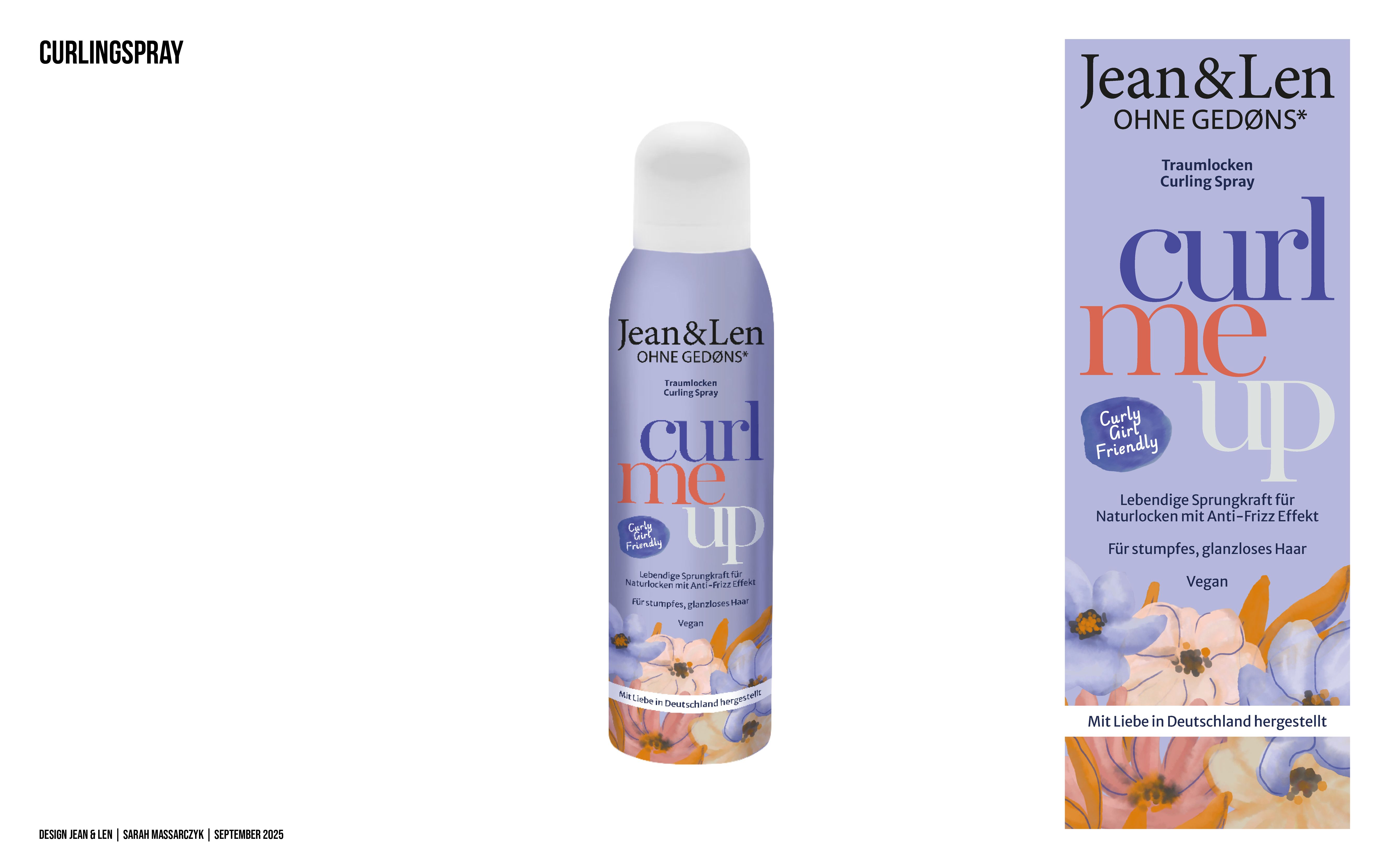 Lilac Jean&Len aerosol can, "curl me up" in coral and blue over watercolour poppies, beside its flat label