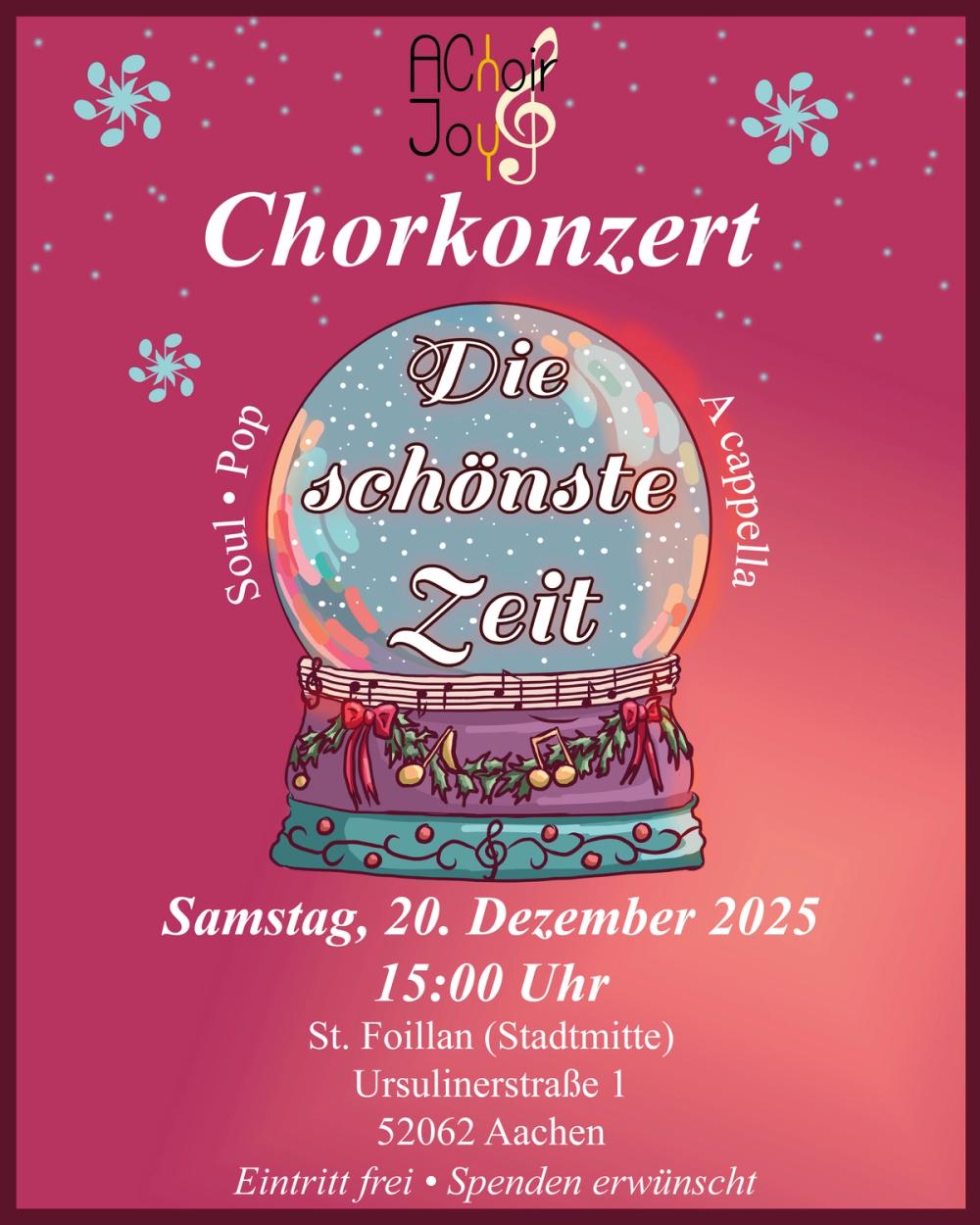 Deep raspberry winter poster, a snow globe holding the words “Die schönste Zeit” amid falling snow
