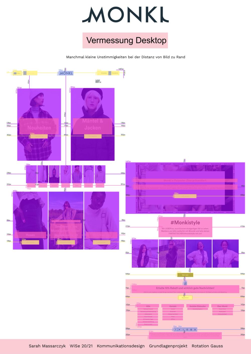 Desktop teardown headed "Vermessung Desktop", violet-tinted page modules annotated with spacing in pixels