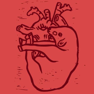 Hand-carved linocut of an anatomical heart, deep red lines on tomato red, a lamb curled into its vessels