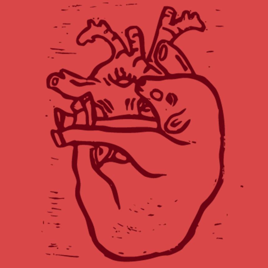 Hand-carved linocut of an anatomical heart, deep red lines on tomato red, a lamb curled into its vessels