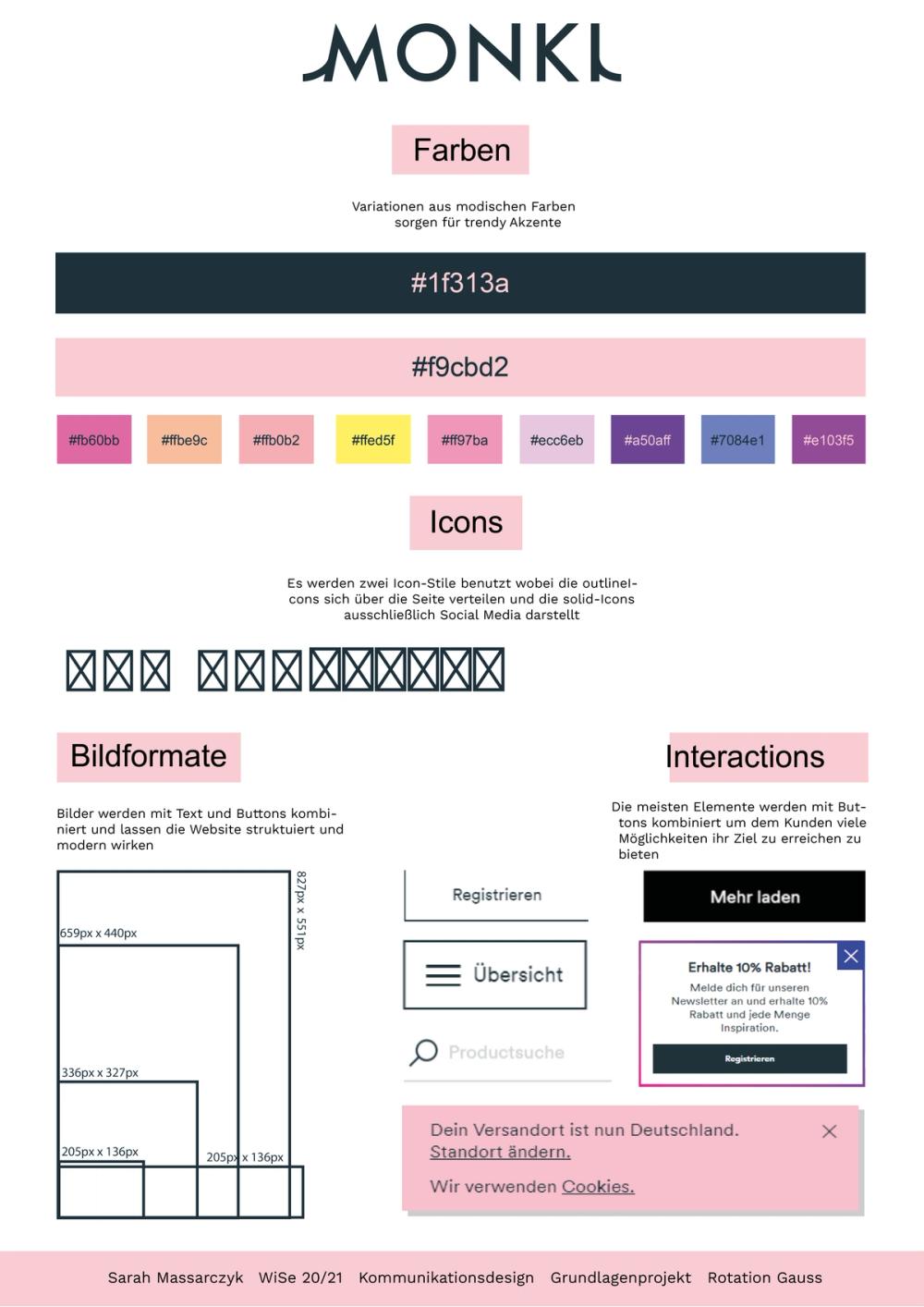 Style-guide sheet with dark navy #1f313a and pale pink #f9cbd2 bars, accent swatch row, icon and button studies