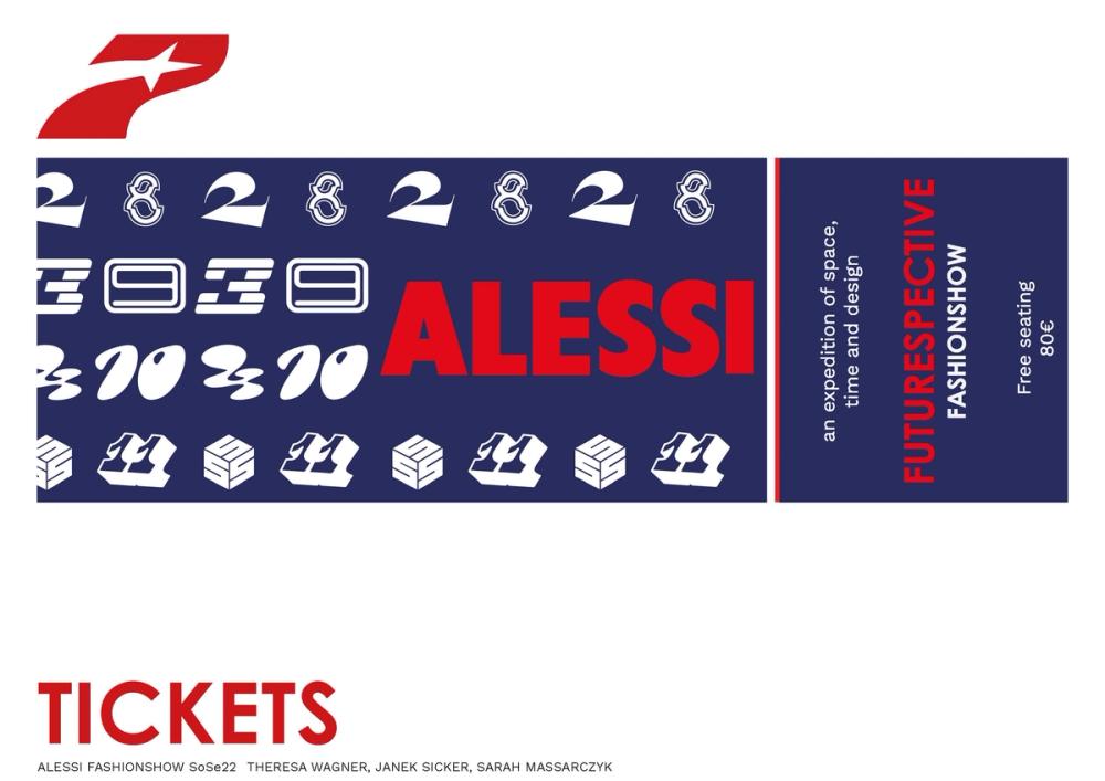 Ticket design in navy and red: warped white numerals behind ALESSI, stub reading 'Futurespective Fashionshow, 80€'