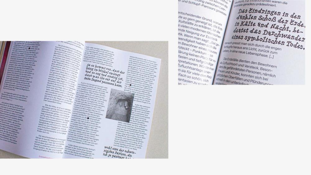 Text-dense spreads in grey type, one carrying a blackletter pull quote, the other a small photo of carved rock