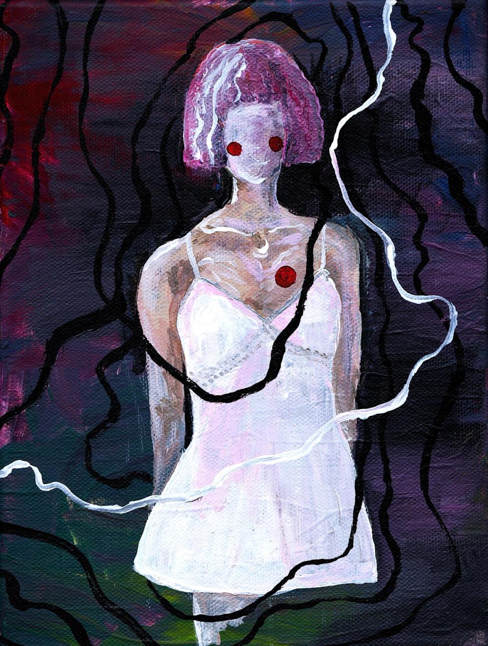 Painted figure in a white slip with a pink bob and red eyes, black and white ribbons winding through violet dark