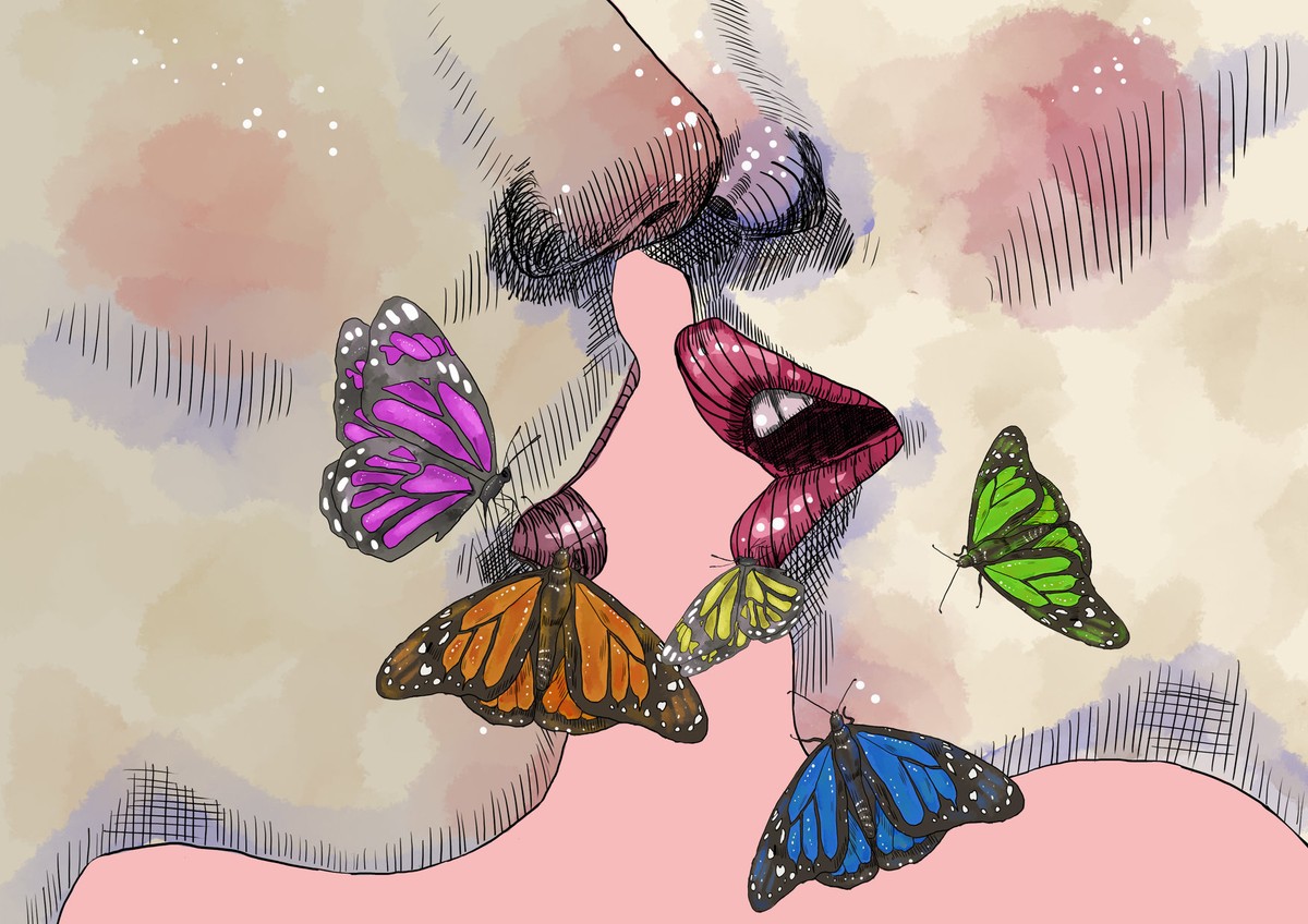 Two faces meeting in a kiss, five bright butterflies rising between the lips over washed sepia and pink