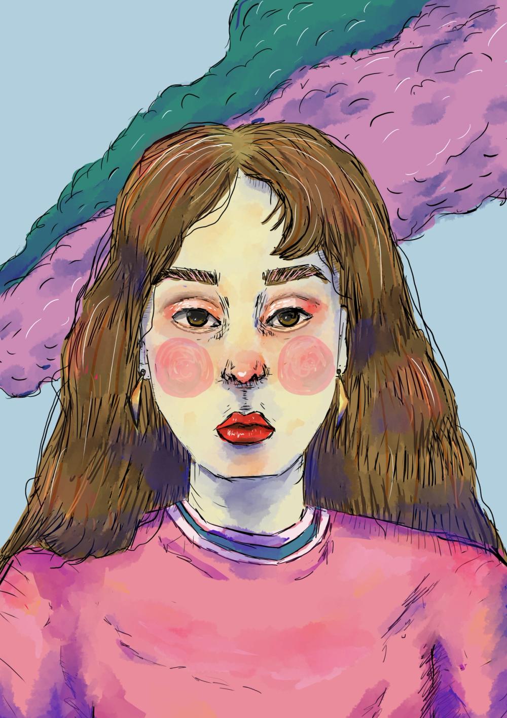Watercolour portrait, circular rouge cheeks and pink jumper against pale blue with a violet cloud