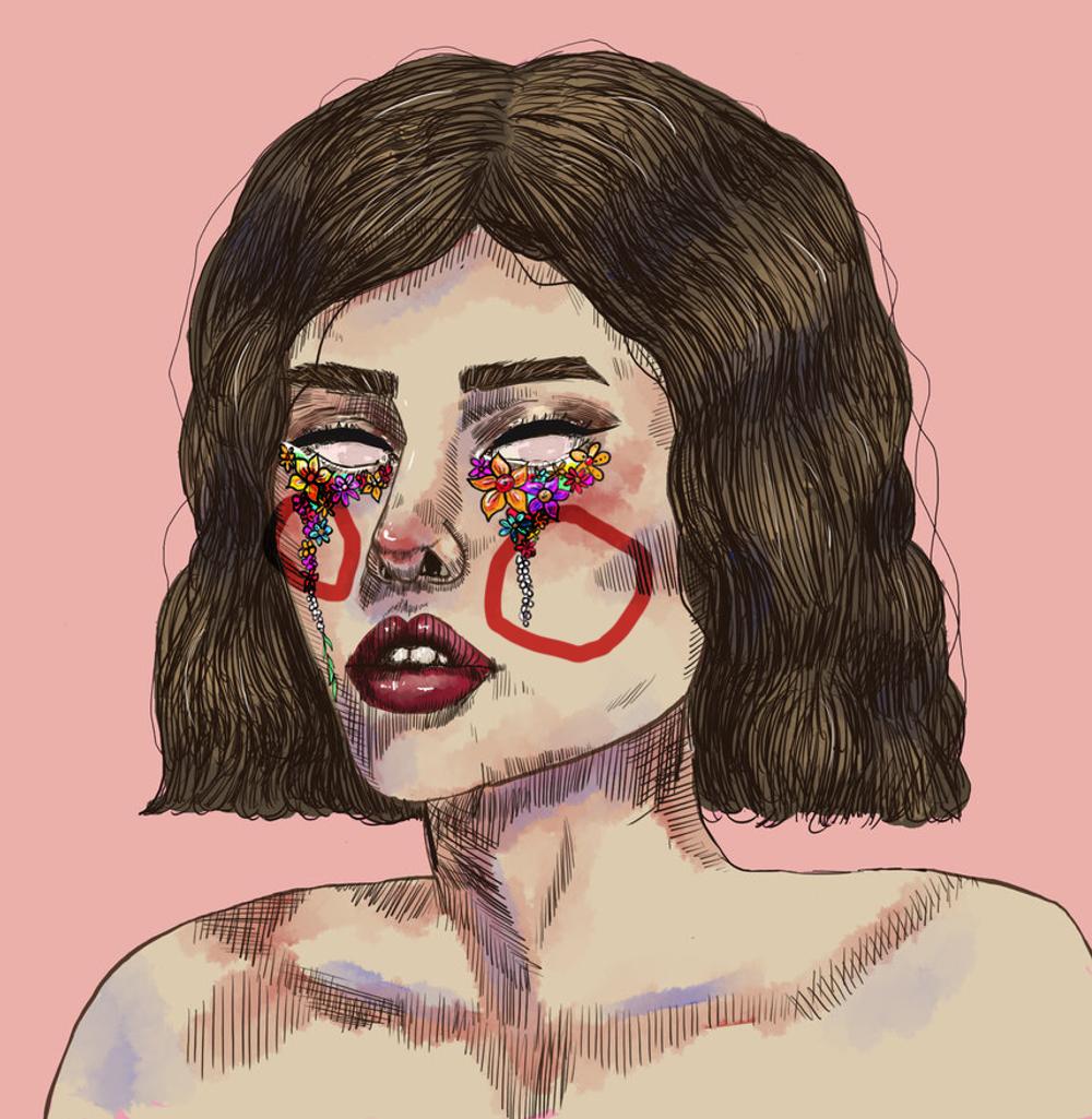 Bare-shouldered woman crying strings of tiny flowers, red circles ringing her cheeks on dusty pink