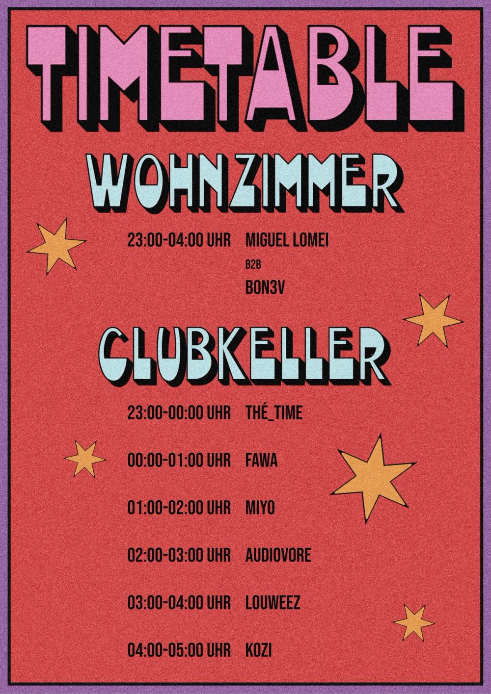 Running order on red, “TIMETABLE” in pink shadowed caps, six Clubkeller slots scattered with orange stars