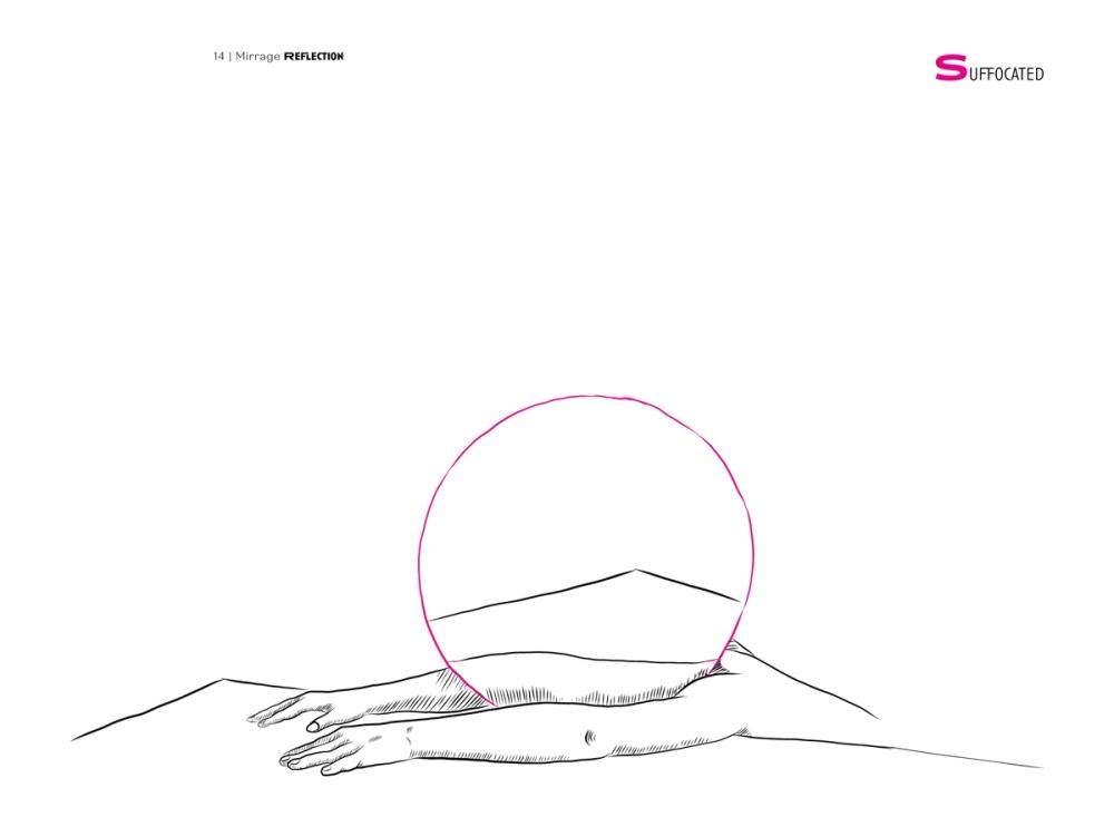 Two hands lying flat like a horizon while a thin magenta circle sinks behind them, marked 'Suffocated'