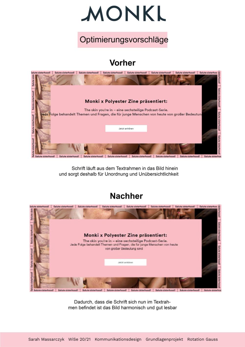Before-and-after of a "Monki x Polyester Zine" banner, overflowing podcast copy pulled back into its pink panel