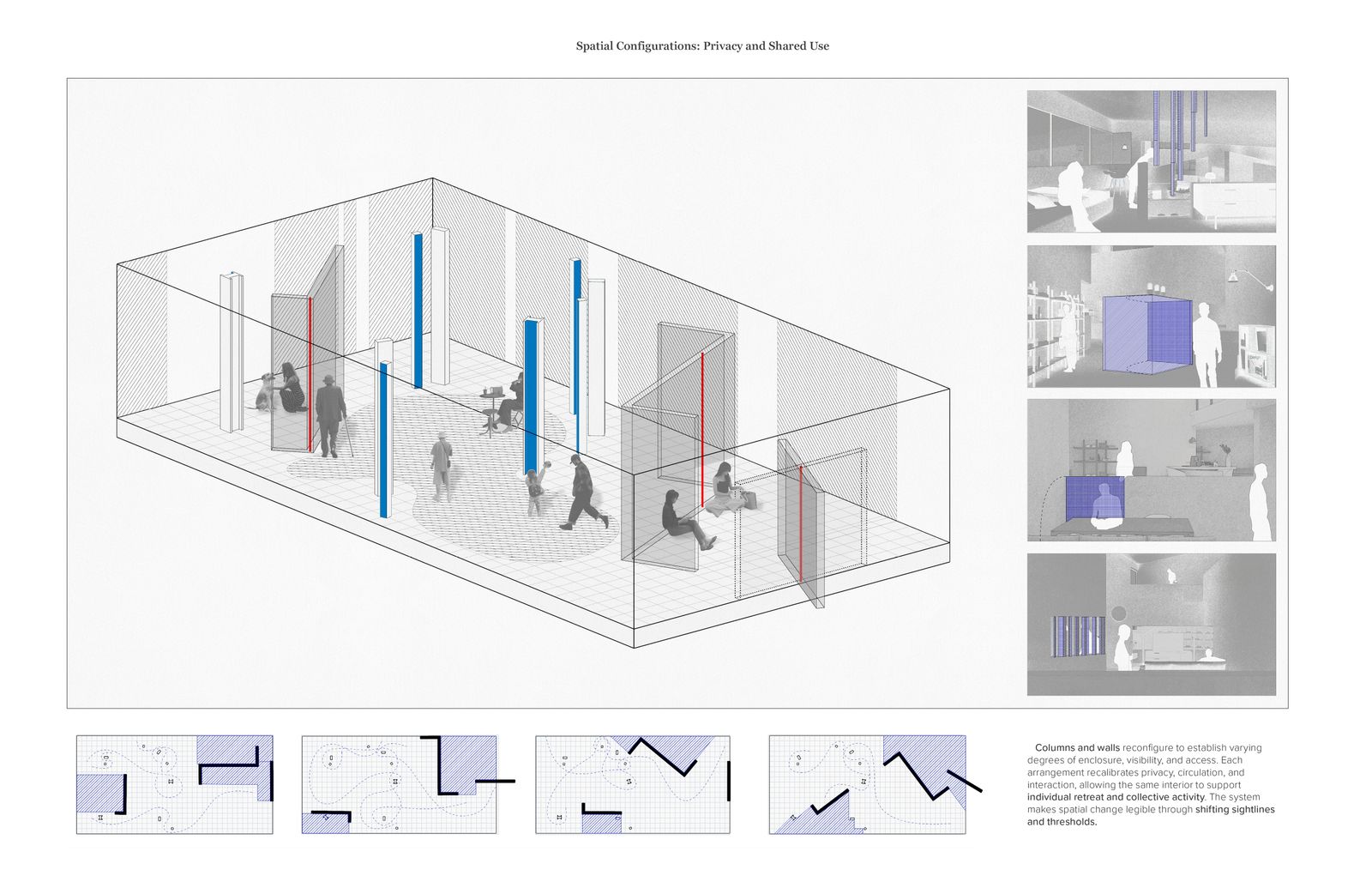 Cutaway axonometric of an interior with pivoting columns and rotating panels, interior vignettes, and plan studies of enclosure and shared use