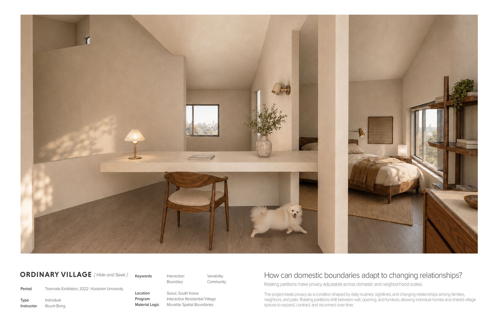 Title spread — warm interior rendering of a partitioned study and bedroom, with project metadata and the question of adaptable domestic boundaries