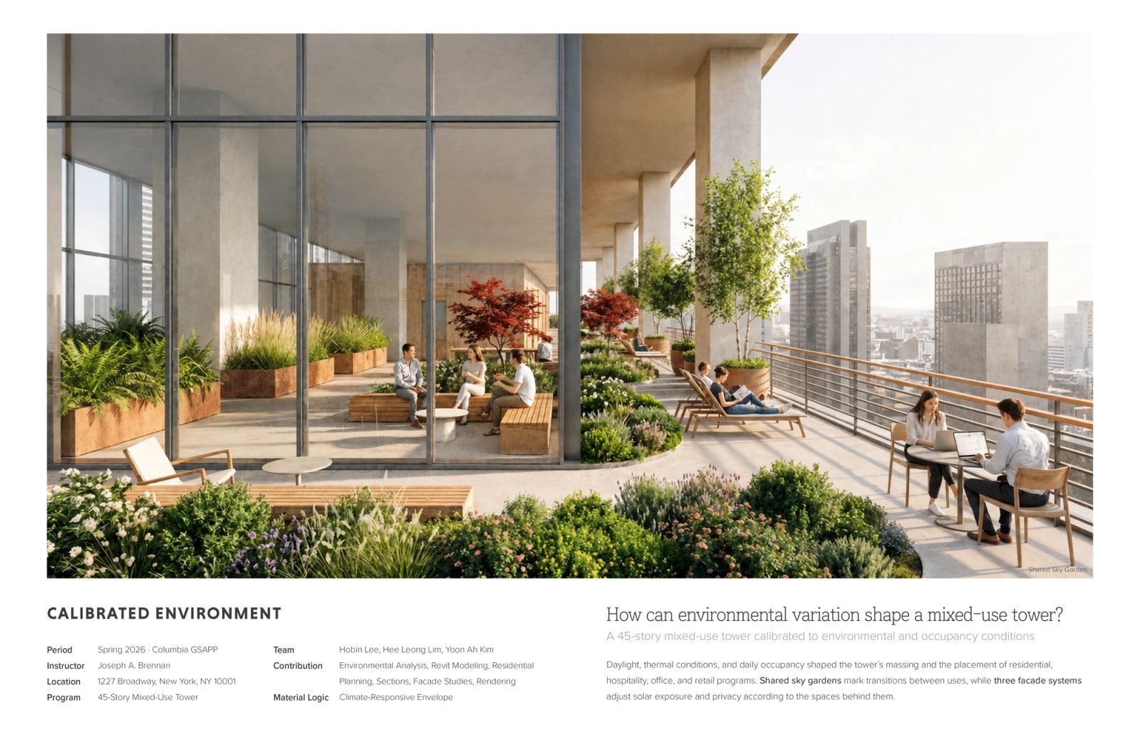 Title spread — rooftop terrace rendering with thermal-imaging overlay revealing heat signatures of occupants and planting against the Manhattan skyline