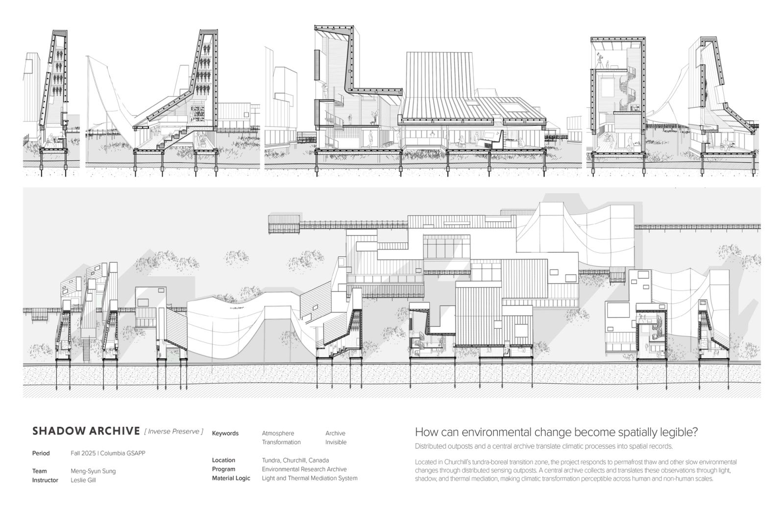Opening spread — sectional elevations of pile-supported archive volumes above a long site section where overlapping cast shadows fall across the tundra.
