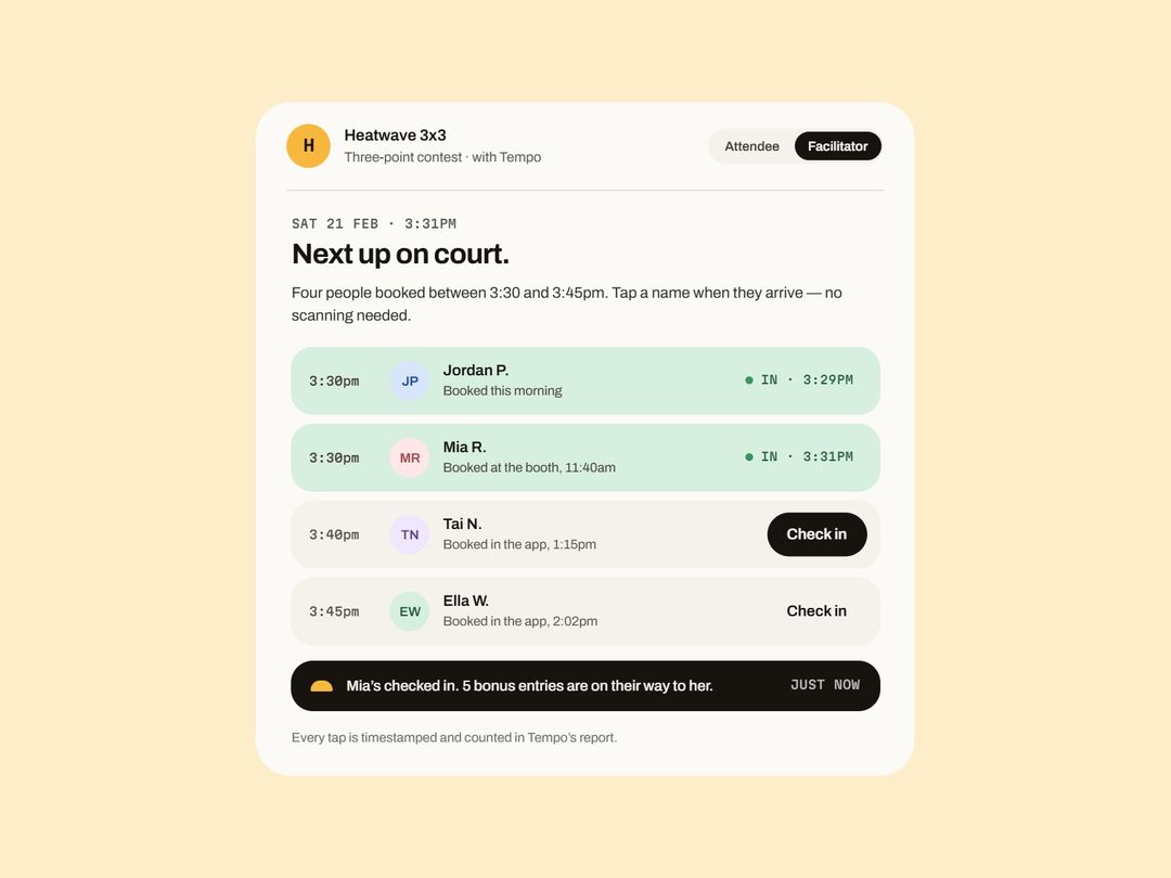 The facilitator view: tap a name when they arrive, and bonus entries go straight to their phone.