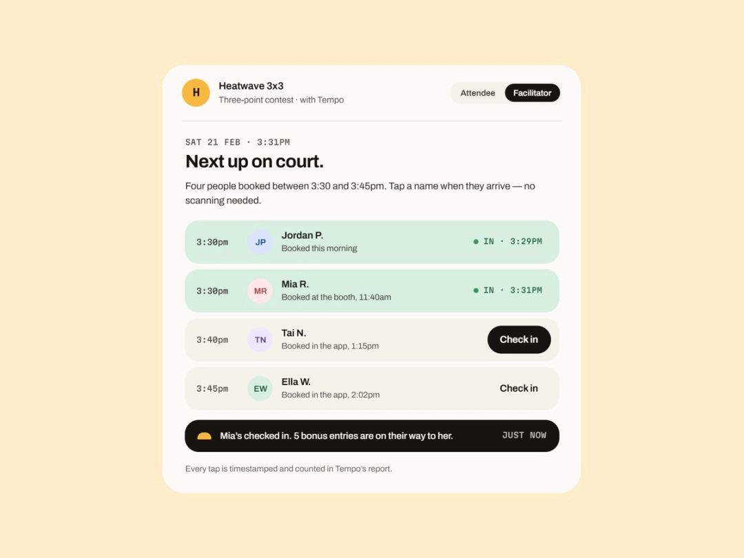 The facilitator view: tap a name when they arrive, and bonus entries go straight to their phone.