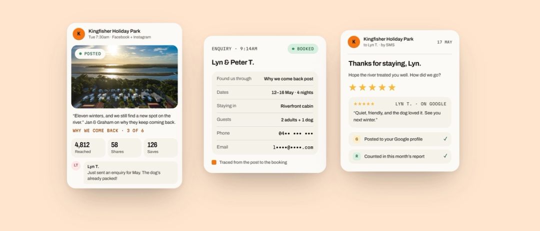 From post to booking: a guest story on social, the enquiry it led to, and the five-star review that followed.