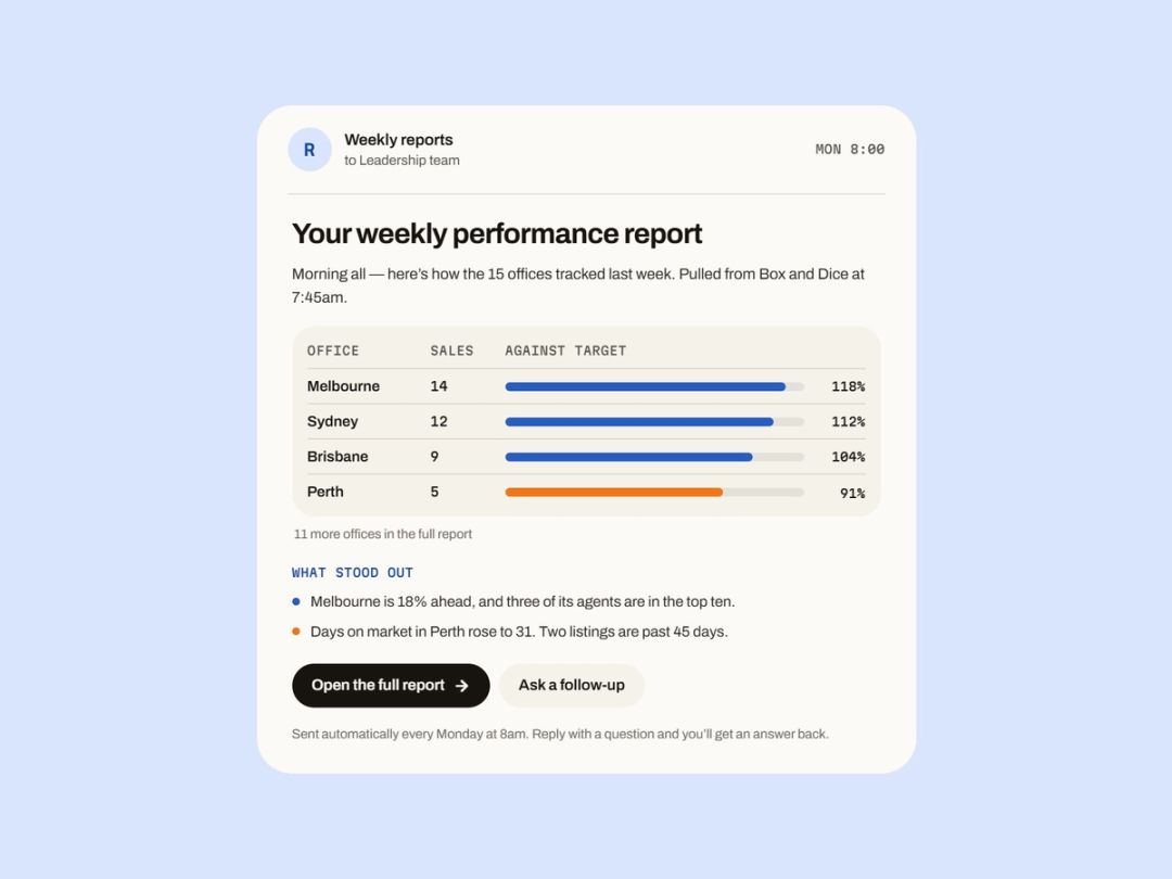 The weekly performance report emailed to the leadership team every Monday at 8am.