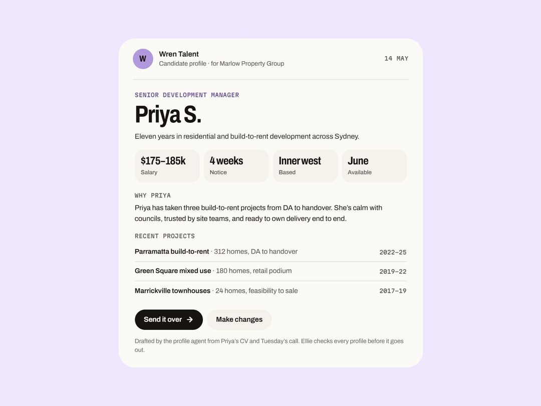 Priya’s candidate profile, drafted by the profile agent from her CV and call — ready for Ellie to check and send.