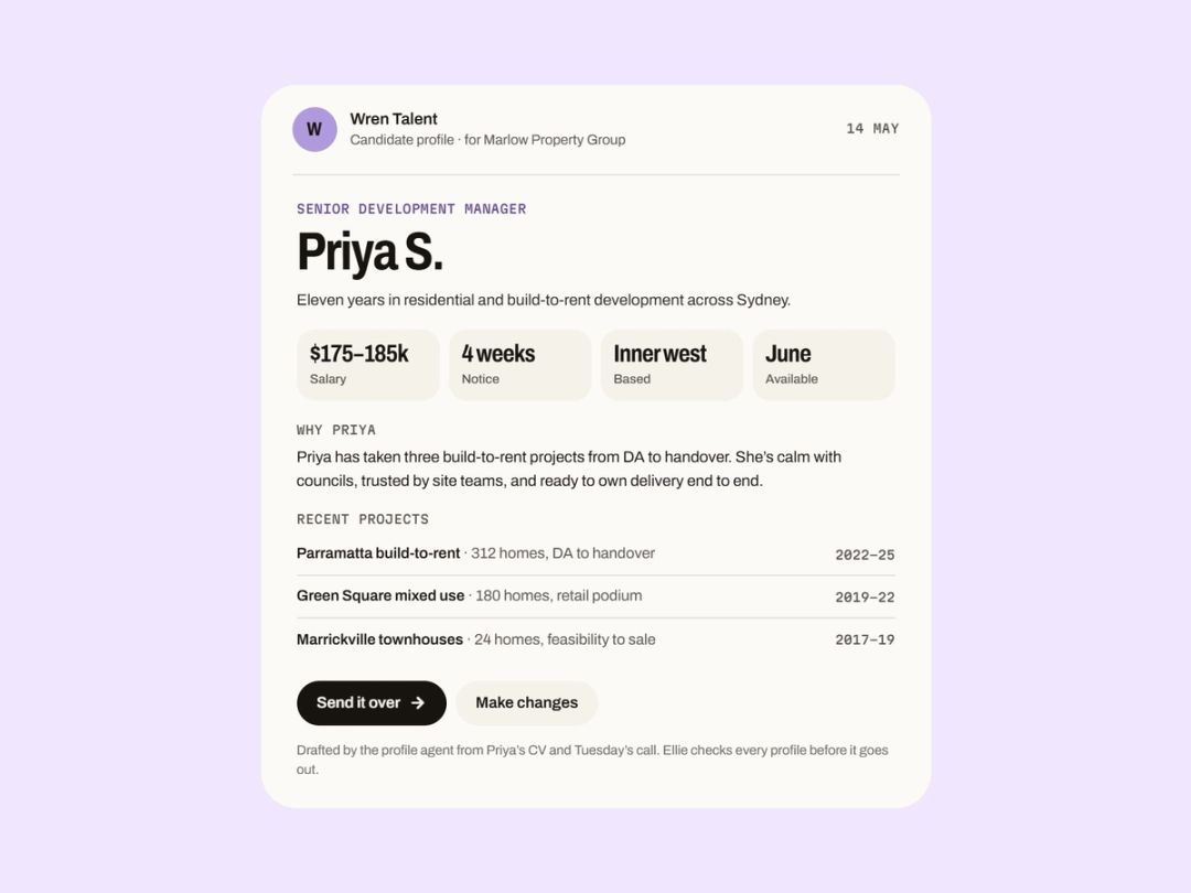 Priya’s candidate profile, drafted by the profile agent from her CV and call — ready for Ellie to check and send.