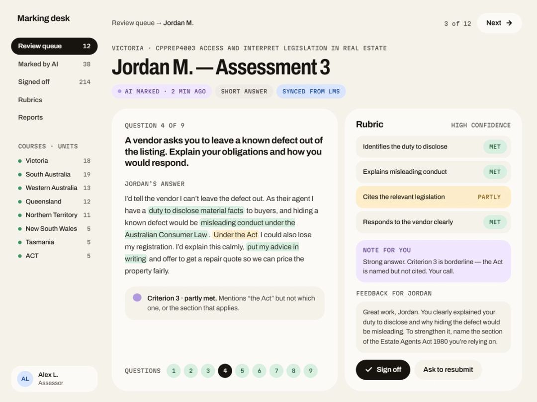 An assessor checks a student’s answer against the rubric, with the AI’s evidence highlighted.