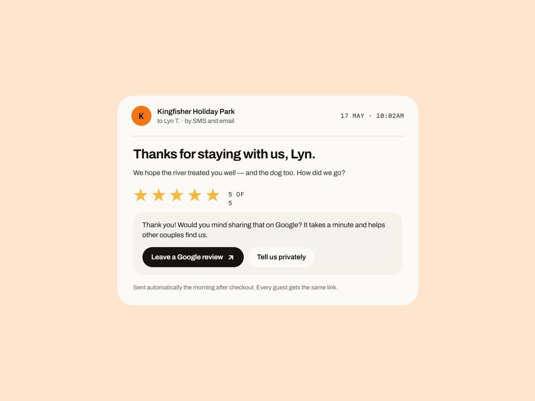 The thank-you message every guest gets the morning after checkout, with a link to leave a Google review.