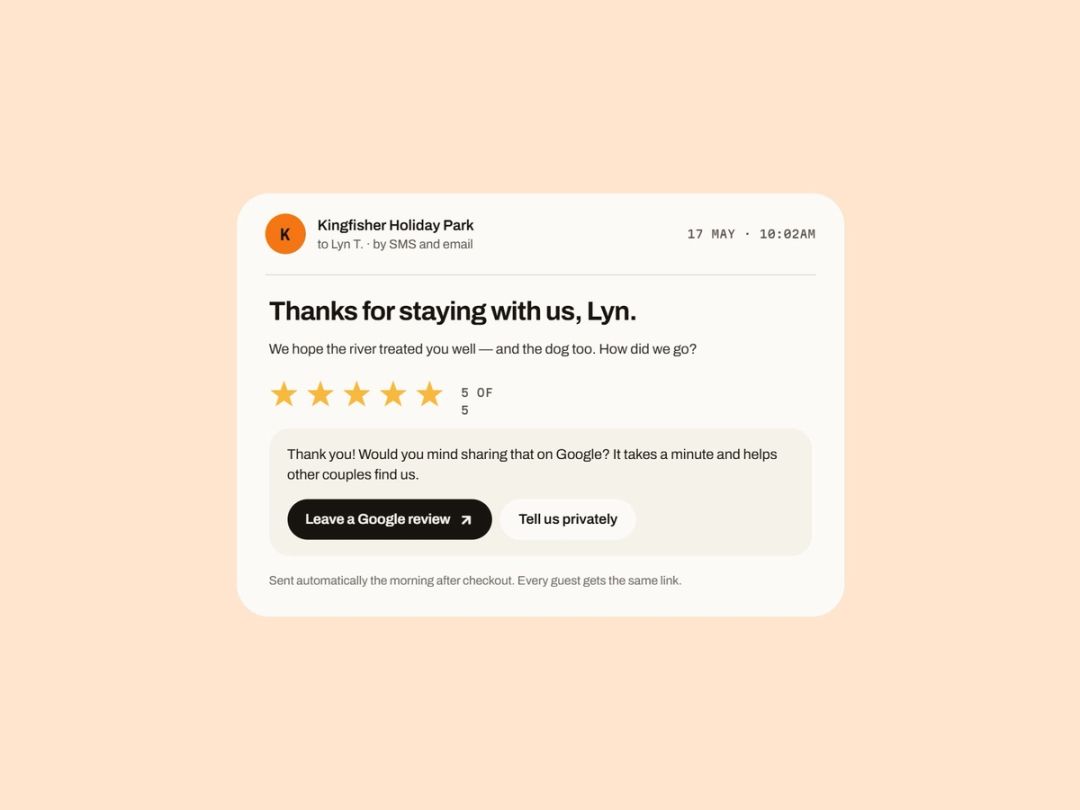 The thank-you message every guest gets the morning after checkout, with a link to leave a Google review.
