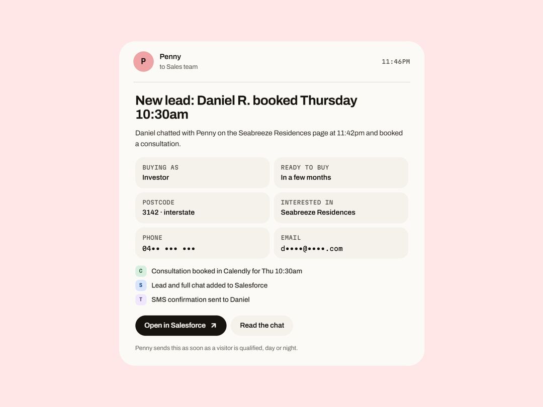 The email the sales team gets the moment a visitor is qualified and booked.