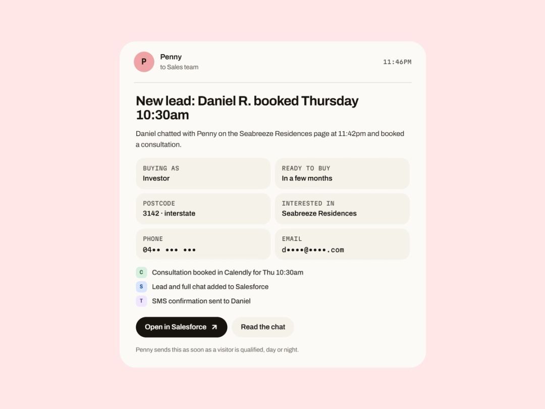 The email the sales team gets the moment a visitor is qualified and booked.