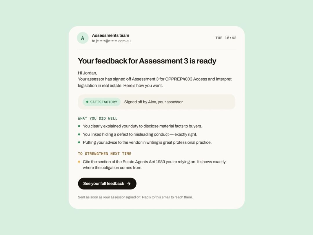 The feedback email a student receives as soon as their assessor signs off.