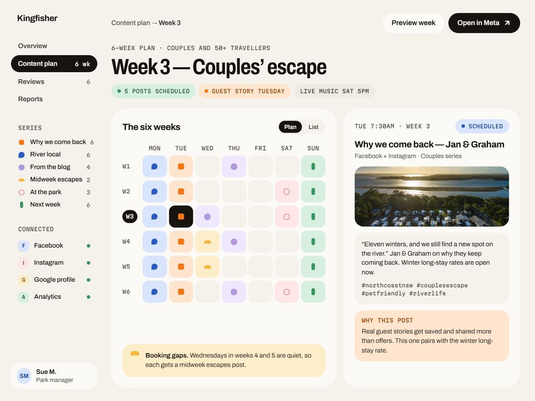The six-week content plan, with each series mapped to the days that need bookings most.