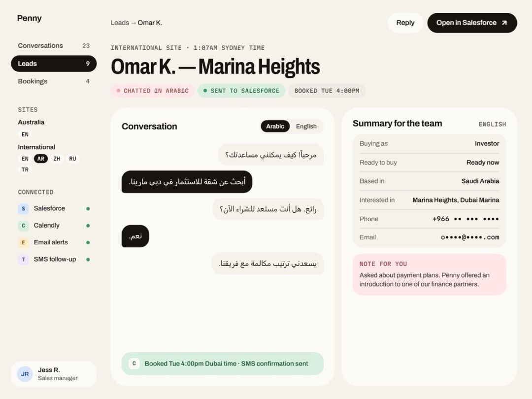 A lead from the international site: the chat in Arabic, with an English summary for the sales team.