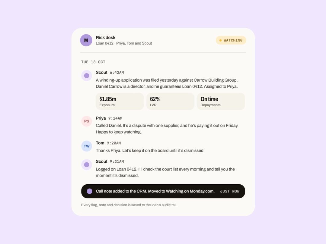 The risk desk thread: Scout’s flag, the credit manager’s call and the note saved to the CRM.