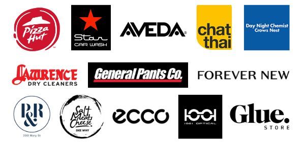Logos of chosen Super-Rewards instore retailers including General Pants, Lawrence Dry Cleaners, Aveda and Forever New