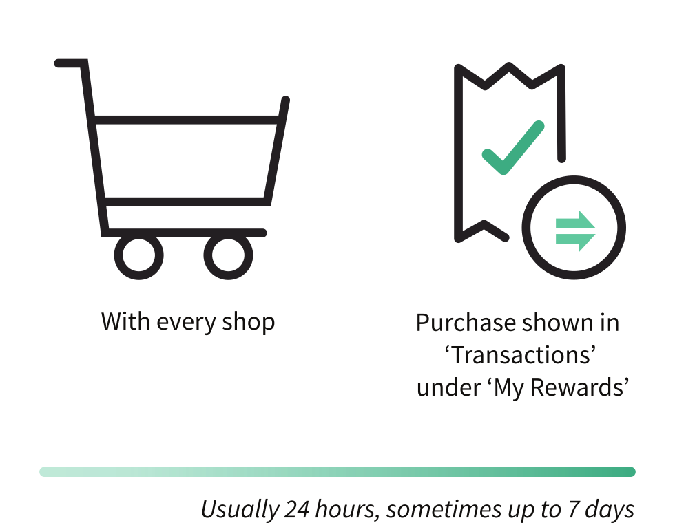 Purchases usually appear in 'Transactions' under 'My Rewards' within 24 hours, up to 7 days.
