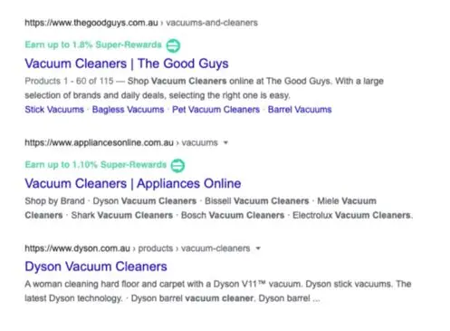 Example search results for vacuum cleaners including results for 