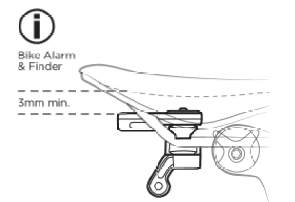 Diagram showing required 3mm gap between Bike Alarm & Finder sound outlet hole and bottom of seat