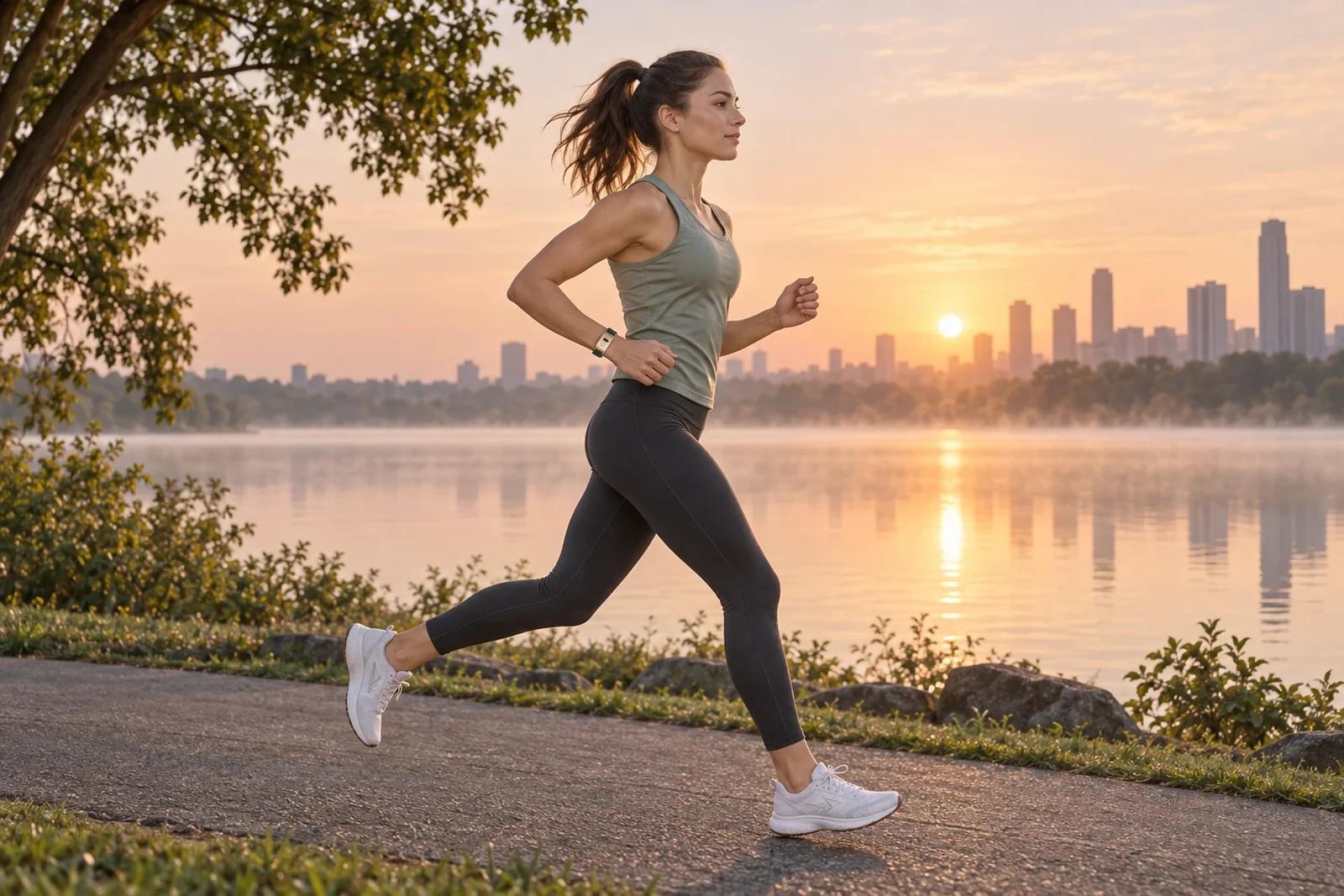 A woman running a lakeside path at sunrise wearing the Brava Arc