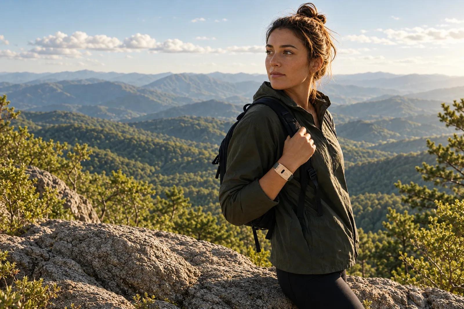 A hiker on a mountain overlook at golden hour, wearing the Brava Arc