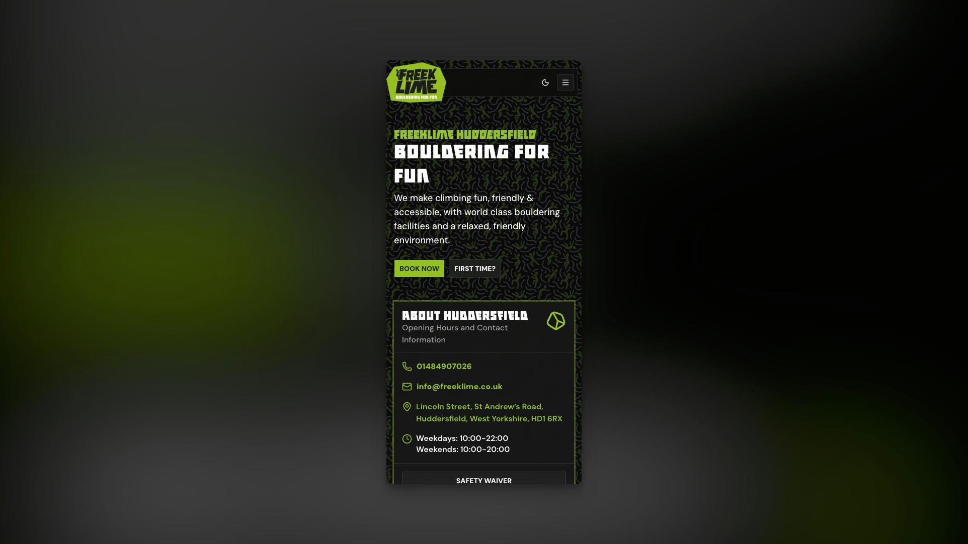 Freeklime's new location homepage on mobile