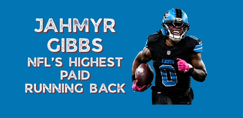 Detroit Lions running back Jahmyr Gibbs running with the ball in the black alternate jersey, alongside text reading "Jahmyr Gibbs: NFL's Highest Paid Running Back"