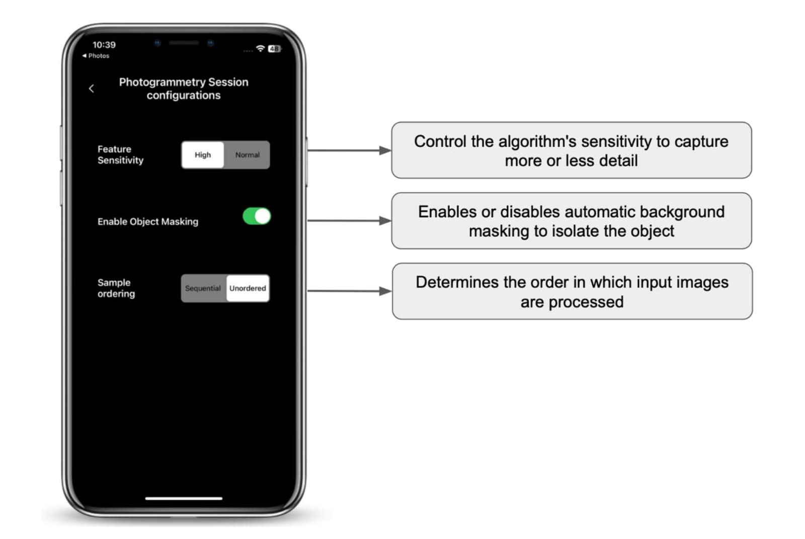 Configurations of Photogrammetry Session on iPhone