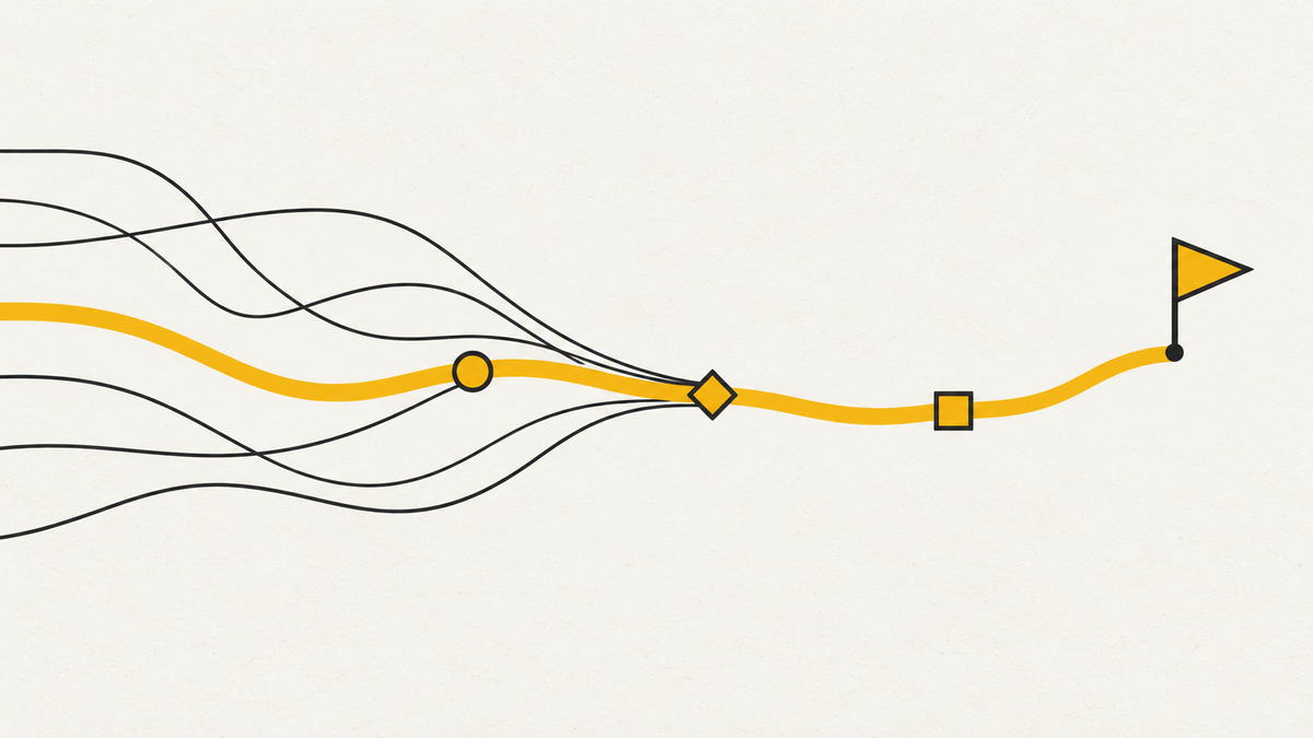 Ilustração em amarelo, preto e branco com caminhos que convergem para uma direção comum, representando escolhas e execução no planejamento estratégico.