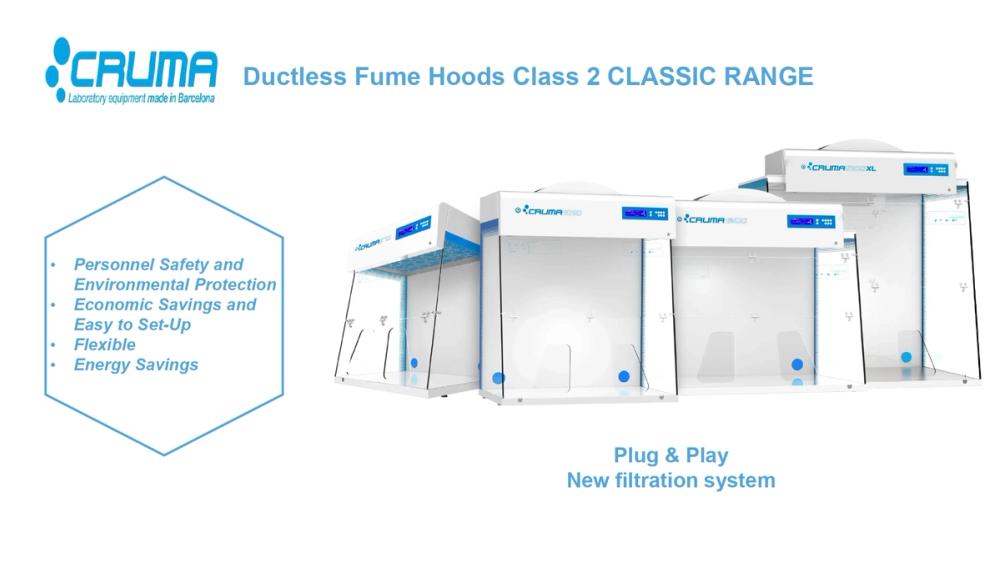 Banner image showing CRUMA ductless fume hoods from the Class 2 classic range